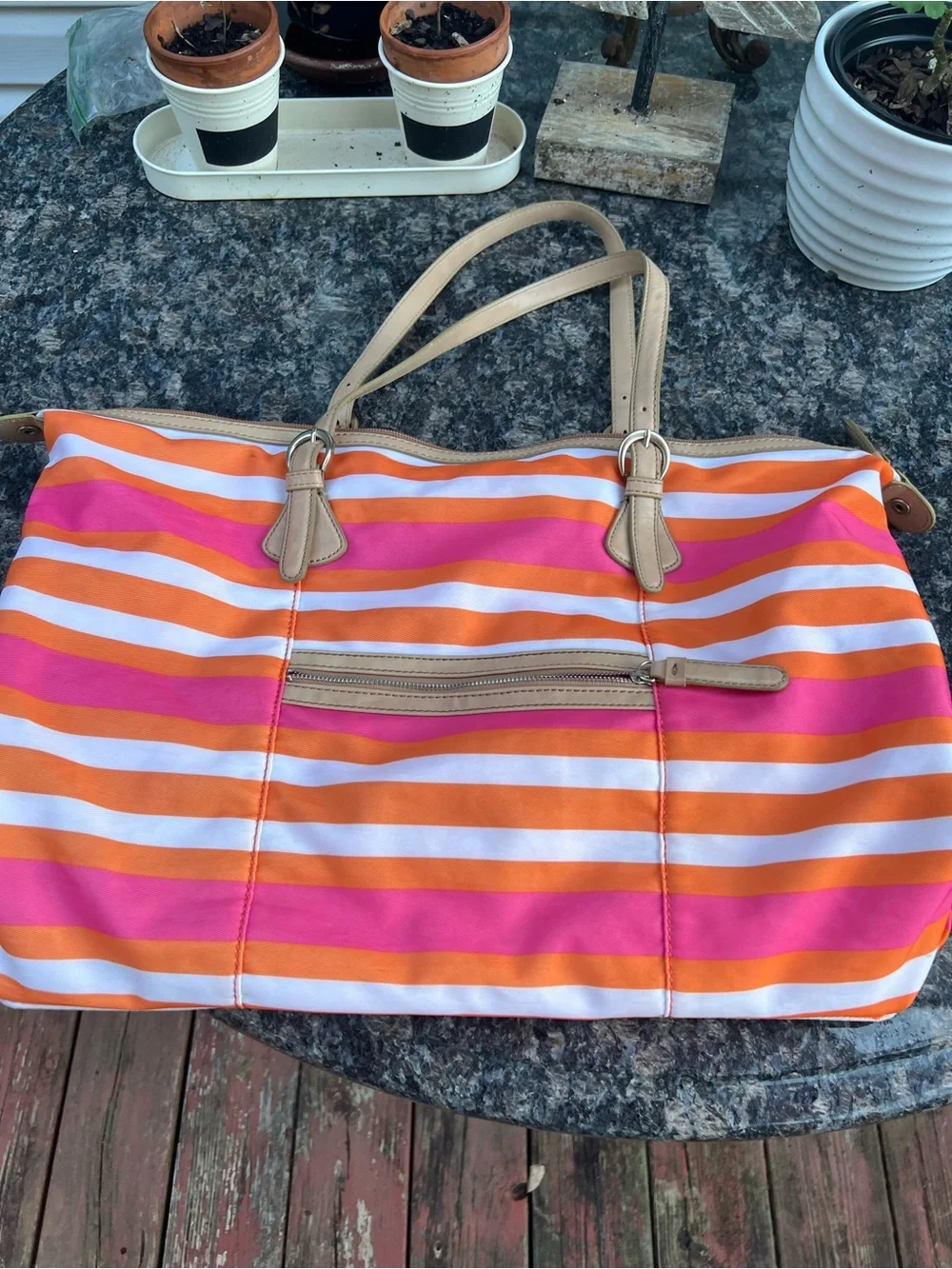 Banana Republic Pink, Orange & White Striped Tote with Neutral Handles